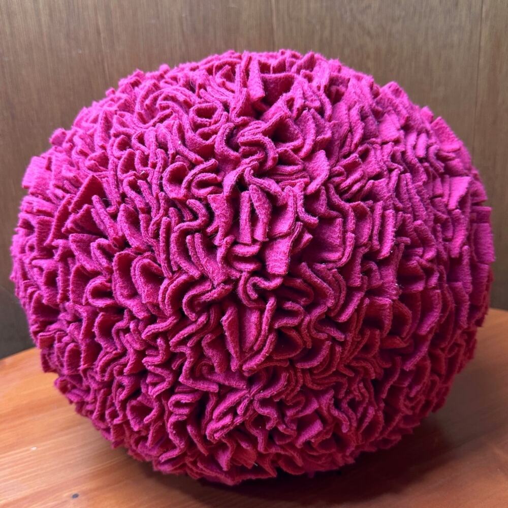 Large Hot Pink Ruffled Felt Round Poof Puff Pillow - 14" x 12"